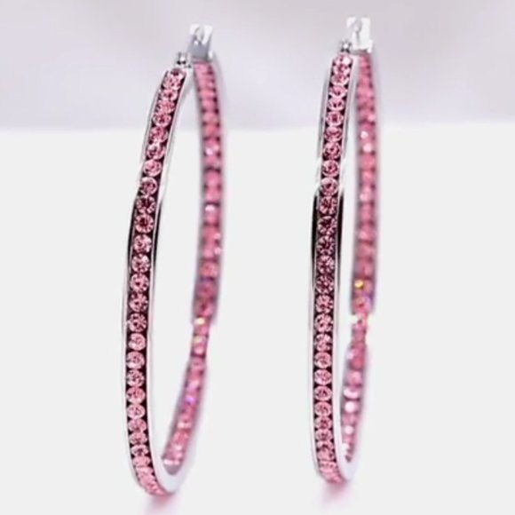 Pink Rhinestone Silver Hoop Earrings Crystal Channel Hoops Sparkling Rhinestones - Picture 4 of 14